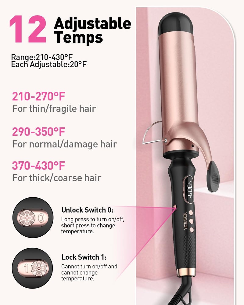 Yeegor 2 inch Extra Large Curling Iron,Long Barrel Culing Wannd,100-240V Dual Voltage Hair Curler for Big Wave Curls,12 Temps - Image 3
